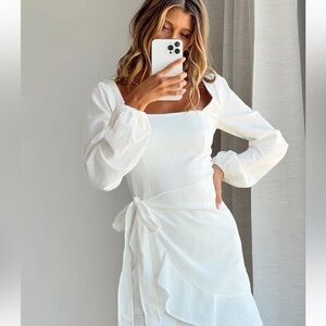 Princess Polly White Long Sleeve Square Neck Wrap Dress